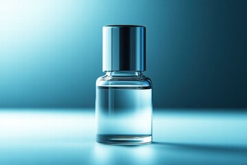 A sleek glass bottle filled with clear liquid no lable, illuminated against a blue backdrop, exuding a modern and elegant aesthetic.