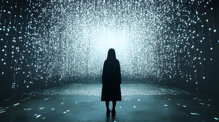 Immersive light installation captivates visitors in a modern art space during an evening exhibition