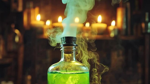 Mysterious green potion bubbling in glass bottle with wisps of smoke and flickering candles in background