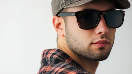 A young man wearing sunglasses and a cap, leaning slightly, isolated on a white background