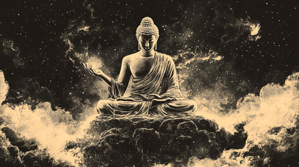 Obraz premium Peaceful buddha in cosmic clouds with starry sky and nebulae
