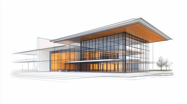 Modern building architecture sketch with glass walls and wood soffit.
