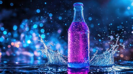 A sparkling beverage bottle surrounded by colorful splashes.