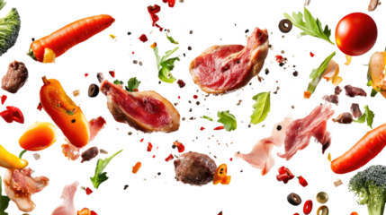 Food Explosion: A vibrant burst of fresh vegetables, succulent meat, and aromatic spices frozen mid-air.  A dynamic composition for culinary, restaurant, or food blog use.