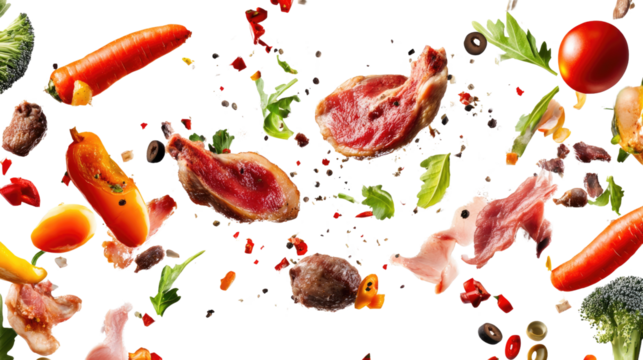 Food Explosion: A vibrant burst of fresh vegetables, succulent meat, and aromatic spices frozen mid-air.  A dynamic composition for culinary, restaurant, or food blog use.