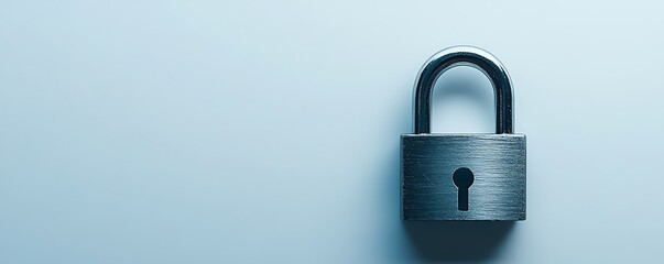 Minimalistic metal padlock on a white background, ample copy space, representing security, protection, and lock technology