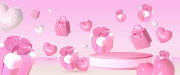 Pink round podium surrounded by floating presents, shopping bags and heart shapes. Romantic composition with pastel rose color glossy 3D elements for Valentine Day promotions, feminine product display