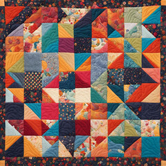 Abstract Collage with Geometric Shapes and Vibrant Fabric Patterns