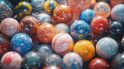 A close-up of a collection of marbles.
