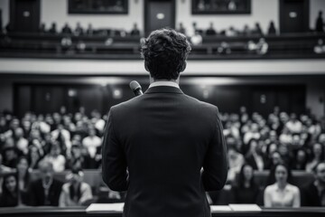 Speaker addressing a large audience