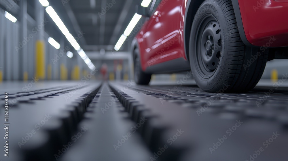 Poster a close-up view of a red vehicle's tire on textured flooring in a spacious industrial setting, empha