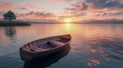 Fototapeta premium Tranquil sunset over serene lake with wooden boat and colorful sky