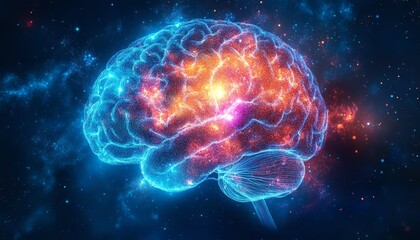 Neurologist using AIdriven technology to analyze a brain scan, holographic brain and human anatomy displayed on a virtual interface