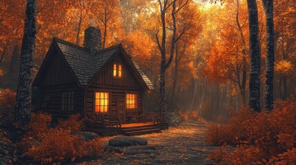 A cozy cabin nestled among towering maple trees.