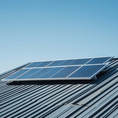 Solar panels on rooftop, renewable energy installation, clear sky background, eco-friendly technology