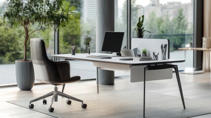 Modern office workspace with desk, chair, plants, and city view.