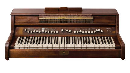 Vintage Electronic Piano: A classic, vintage electronic piano with a sleek, wooden cabinet and a keyboard ready to create music. It evokes the nostalgic feel of a bygone era of musical innovation.