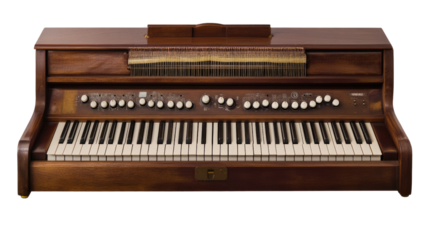 Vintage Electronic Piano: A classic, vintage electronic piano with a sleek, wooden cabinet and a keyboard ready to create music. It evokes the nostalgic feel of a bygone era of musical innovation. 