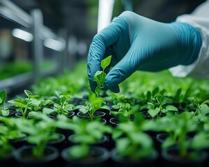 Planting of green plants in a laboratory, examination of plant shoots for medical research and future ecofriendly applications
