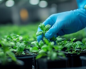 Research laboratory with scientists planting plants, examining green plant shoots for future ecofriendly and medicinal uses