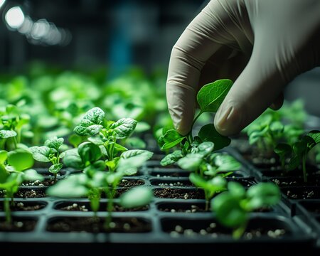 Planting of green plants in a laboratory, examination of plant shoots for medical research and future ecofriendly applications