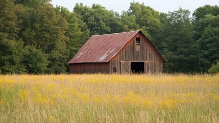 A rustic barn in a field of tall grass.