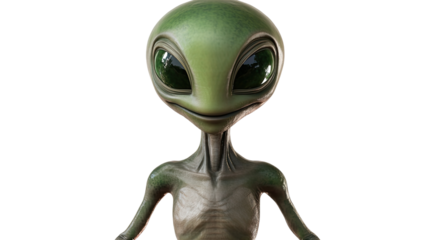 Friendly Extraterrestrial: A close-up portrait of a curious and amiable alien with large, luminous green eyes. The creature's expression is both welcoming and enigmatic.