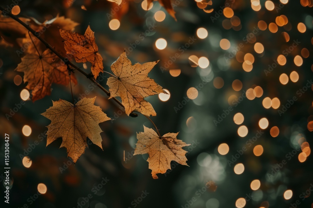 Poster maple leaves hanging on a branch are gently illuminated by warm bokeh lights, creating a cozy autumn