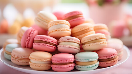 Obraz premium Delicate, dreamy pastel-hued French macarons fill the close-up shot, their smooth shells and soft colors creating an ethereal feel, inviting a sweet indulgence