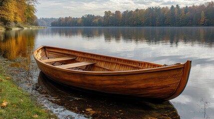 Obraz premium A wooden rowboat moored on a tranquil lake shore.