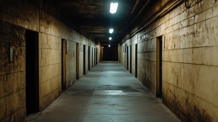 long corridor stretches into darkness, illuminated by overhead lights. walls are worn and marked, and closed doors line either side, creating an atmosphere of neglect and unease