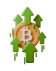 3D illustration of Bitcoin surrounded by green upward arrows, symbolizing Bitcoin growth, market increase, and financial success. Perfect for topics on cryptocurrency, blockchain, and investment