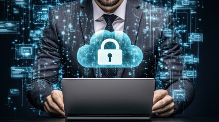 A businessman working on a laptop with a cloud security concept.