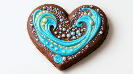 Obraz premium A chocolate heart-shaped cookie with bright turquoise icing swirls, dotted with shiny silver edible pearls, playful rainbow sprinkles