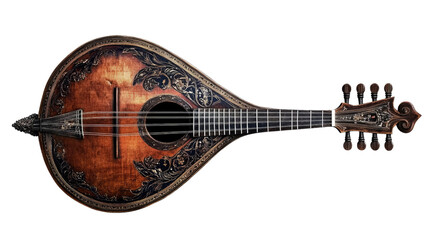 Fototapeta premium Intricate Antique Mandolin: A Vintage Instrument with an Ornate Design, the Intricate Details of the Mandolin's Carving and Inlays Are Showcased in This Close-up Photo.