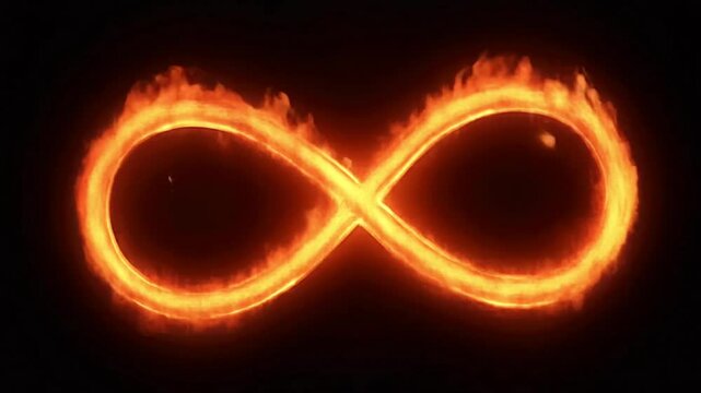 Burning infinity loop with intense fire glow. Bright flames creating an infinite shape on dark backdrop, symbolizing eternity and power. Dynamic animation. 