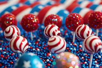 Obraz premium Red, white, and blue lollipops stand among candy beads, creating a festive scene for independence day