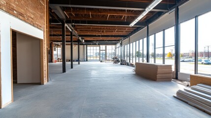 empty commercial space is undergoing renovation, featuring large windows that allow natural light, exposed beams, and a clear layout ready for future development