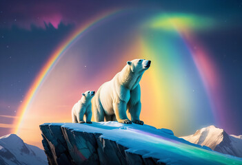 Polar bear with cub at the north pole, aurora in the background