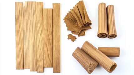 A collection of wooden pieces, including planks and cylindrical shapes, showcasing natural wood grain and texture.