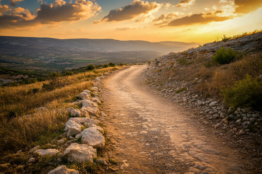 Serene dirt path through rocky hills at sunset in remote countryside