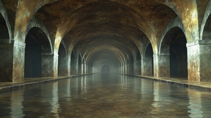 underground tunnel features arched stone walls and a tranquil water surface, creating a serene yet eerie atmosphere in a historic setting. dim lighting highlights the architecture
