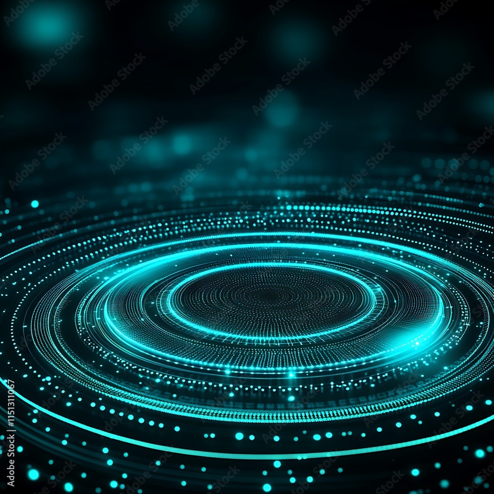 Poster abstract blue circular patterns with dynamic light effects in a dark background for tech and science