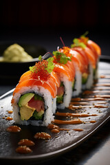 A panoramic, detailed view showcases an intricately crafted sushi roll, its delicate layers visible, displaying vibrant colors and textures, suggesting culinary artistry