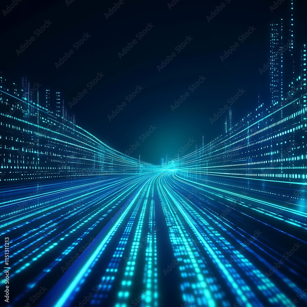 Poster abstract digital background with blue glowing lines and dots representing data stream and technology