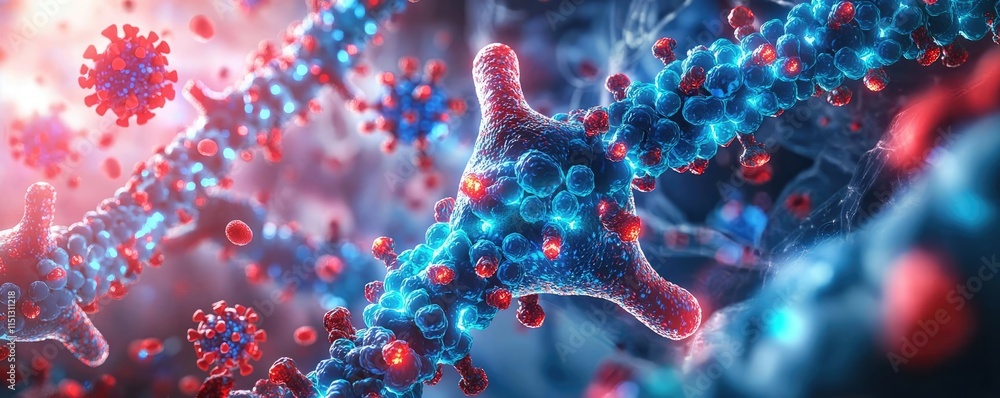 Poster tuberculosis disease idea. close-up view of molecular structures and virus particles in vibrant colo