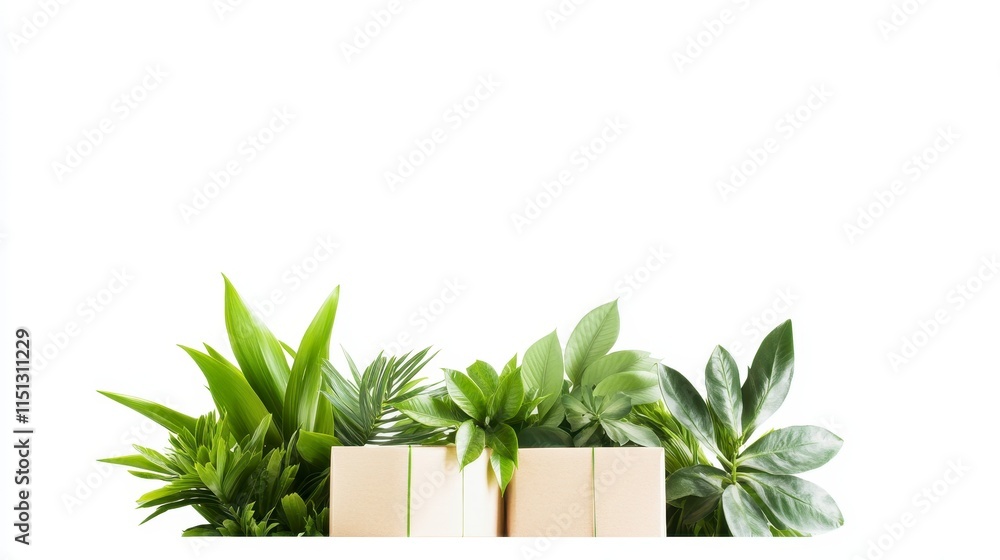 Aufkleber a minimalist display featuring lush greenery and neutral boxes, creating a fresh and vibrant atmosph