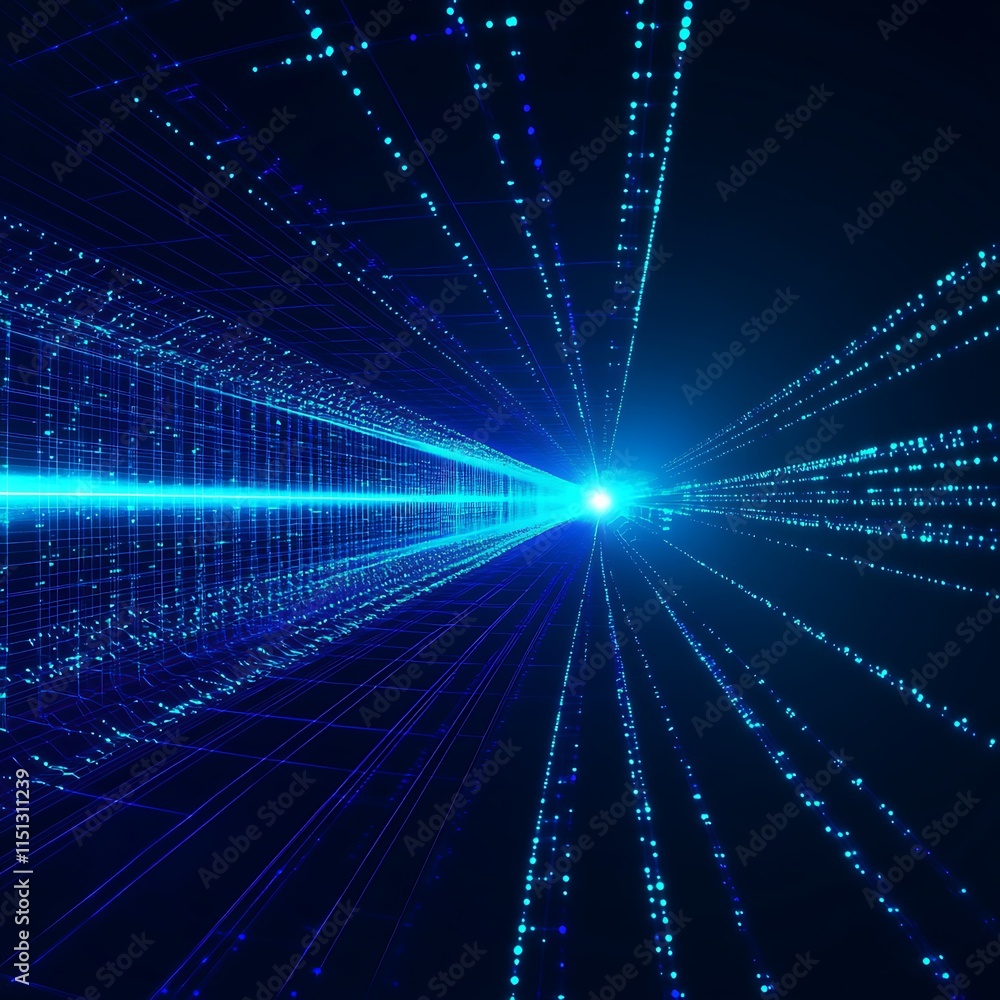Poster abstract digital background with blue light rays emerging from a central point in a futuristic desig