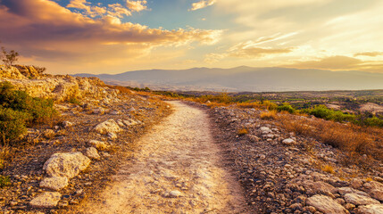 Scenic rocky pathway through desert landscape at sunset with dramatic clouds