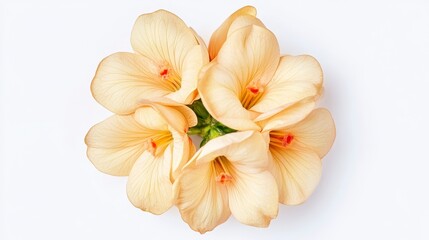 Obraz premium A close-up of a delicate, peach-colored flower with multiple petals, showcasing its beauty against a clean, white background.